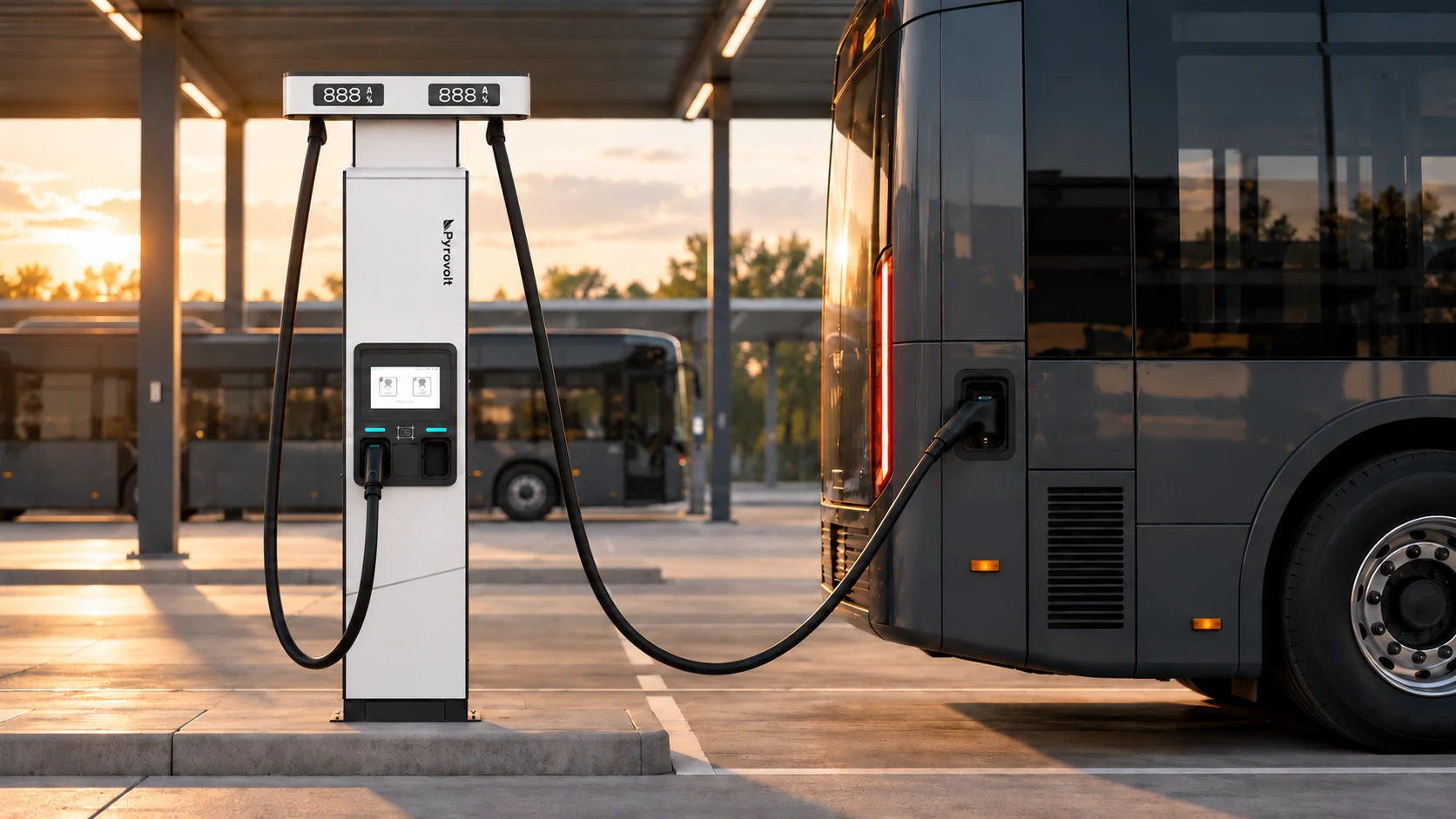 Recarga de autobuses con un dispensador Pyrovolt en una cochera al atardecer.